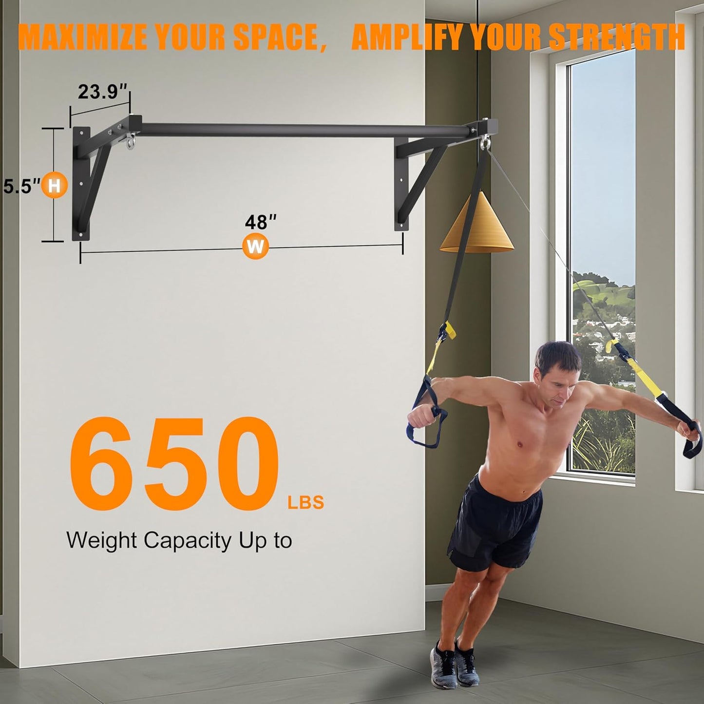 Pull Up Bar Wall Mounted, Heavy Duty 650 lbs Capacity Chin Up Bar, 48' Multi-Grip