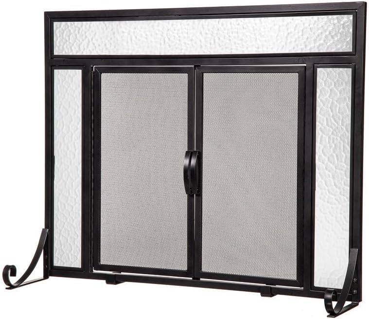 Metal Fireplace Screen Glass Black 38'x 31', Dual Magnetic Hinged Doors, Spark Guard Cover