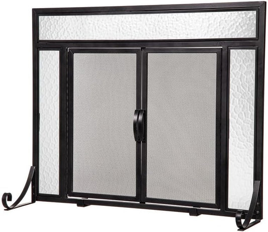 Metal Fireplace Screen Glass Black 38'x 31', Dual Magnetic Hinged Doors, Spark Guard Cover