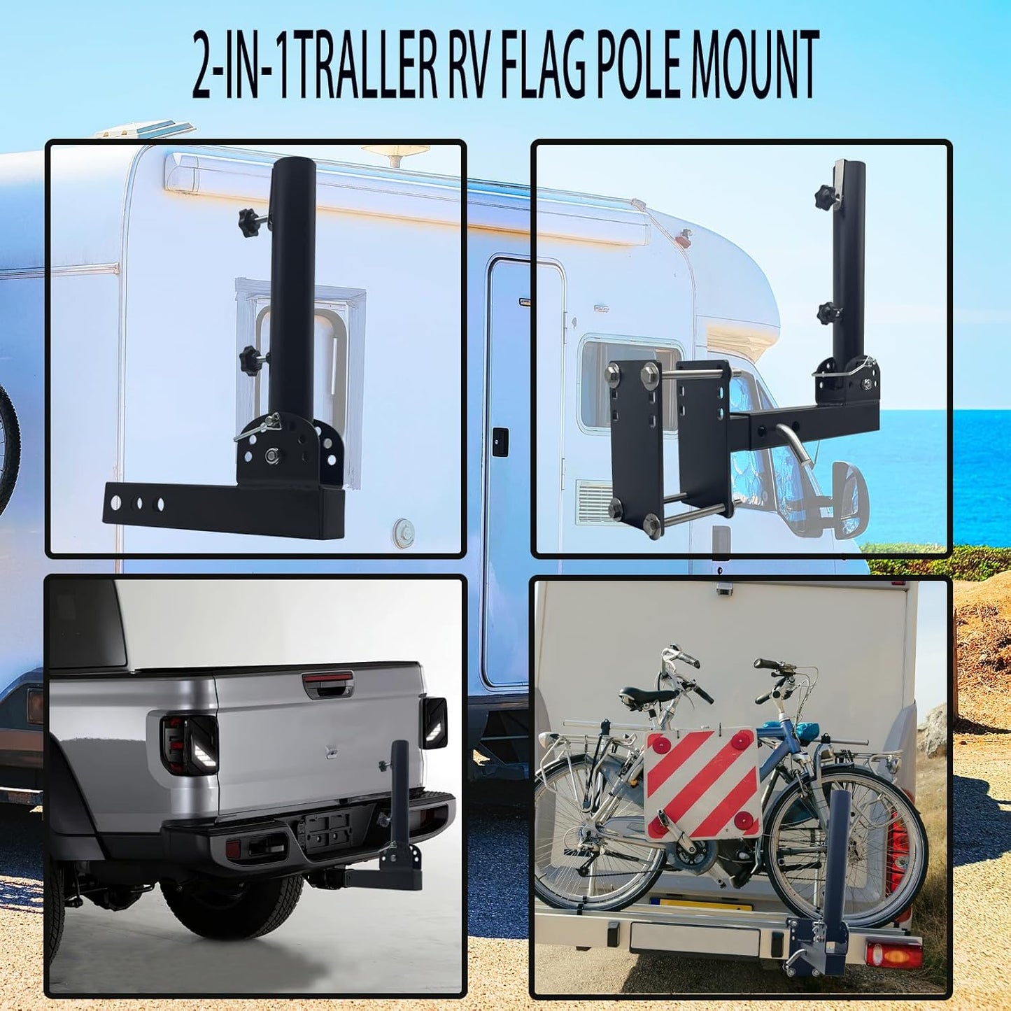 Heavy Duty Adjustable Flag Mount for Travel Trailers & Campers, Universal Fit for 1' to 1.5' Flag Poles, (Black)