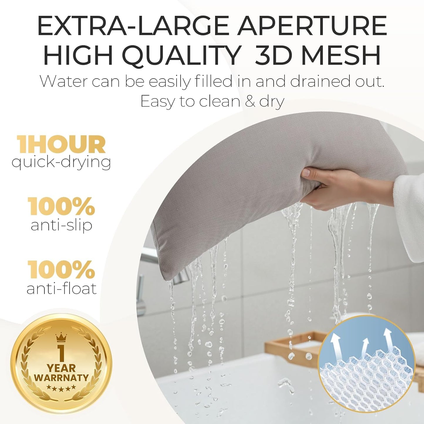 Luxury Bathtub Pillow, Skin-Friendly Cushion, Support Back, Neck & Head, Non-Slip, Adjustable Thickness, Washable