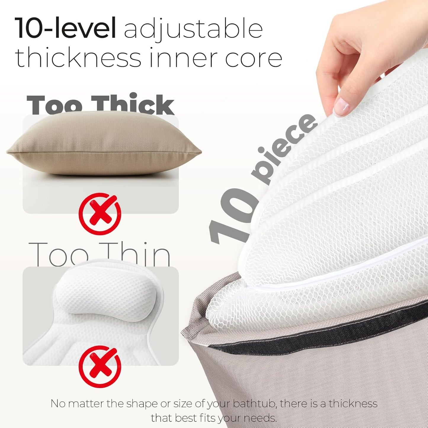 Luxury Bathtub Pillow, Skin-Friendly Cushion, Support Back, Neck & Head, Non-Slip, Adjustable Thickness, Washable