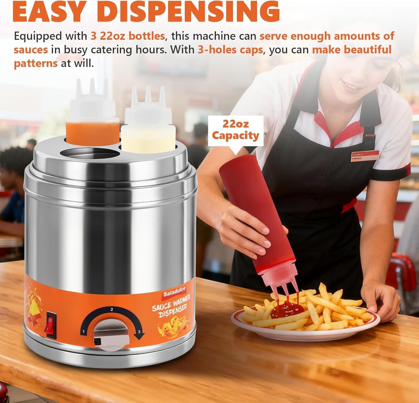 Electric Sauce Warmer Dispenser Commercial Cheese Sauce Bottles Warmer Hot Fudge Warmer Dispenser 3-Bottles Warmer for Chees