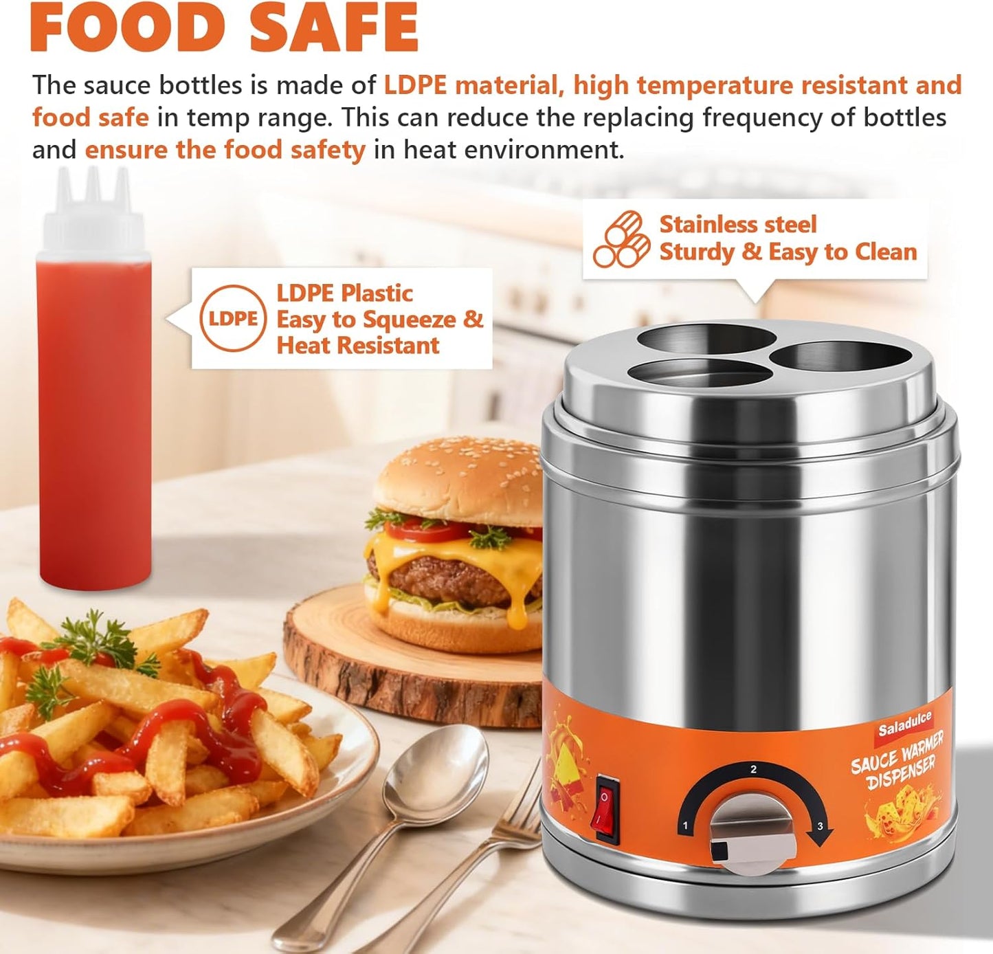 Electric Sauce Warmer Dispenser Commercial Cheese Sauce Bottles Warmer Hot Fudge Warmer Dispenser 3-Bottles Warmer for Chees