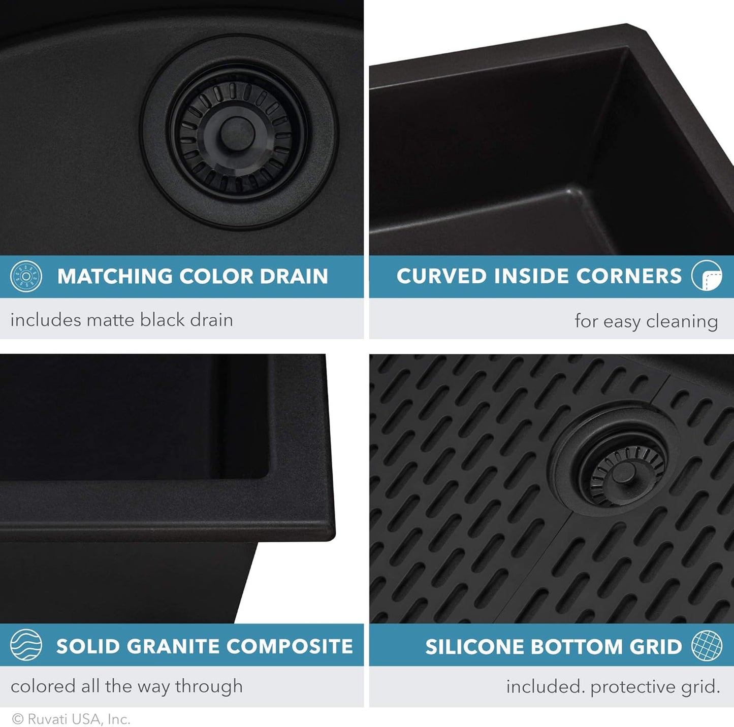 Granite Composite Quartz Undermount Single Bowl Kitchen Sink 27 x 18 inch, Midnight Black