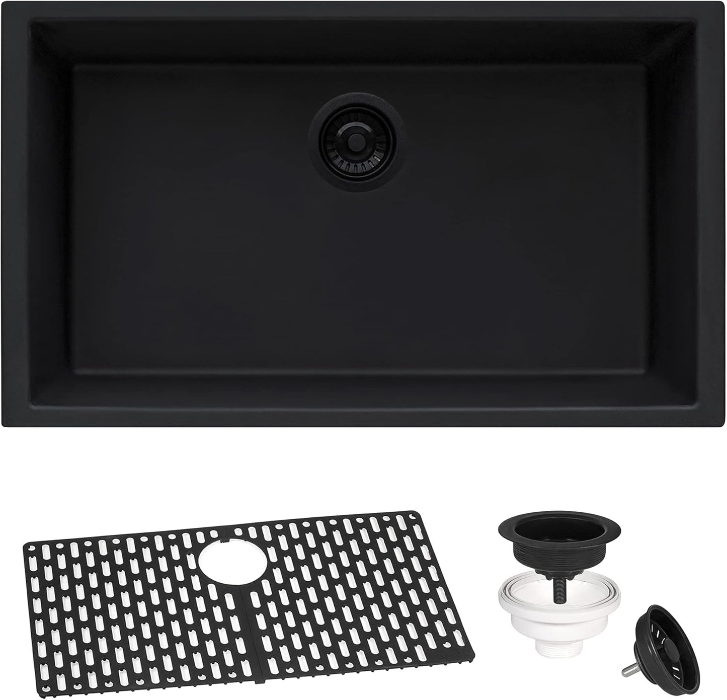 Granite Composite Quartz Undermount Single Bowl Kitchen Sink 27 x 18 inch, Midnight Black