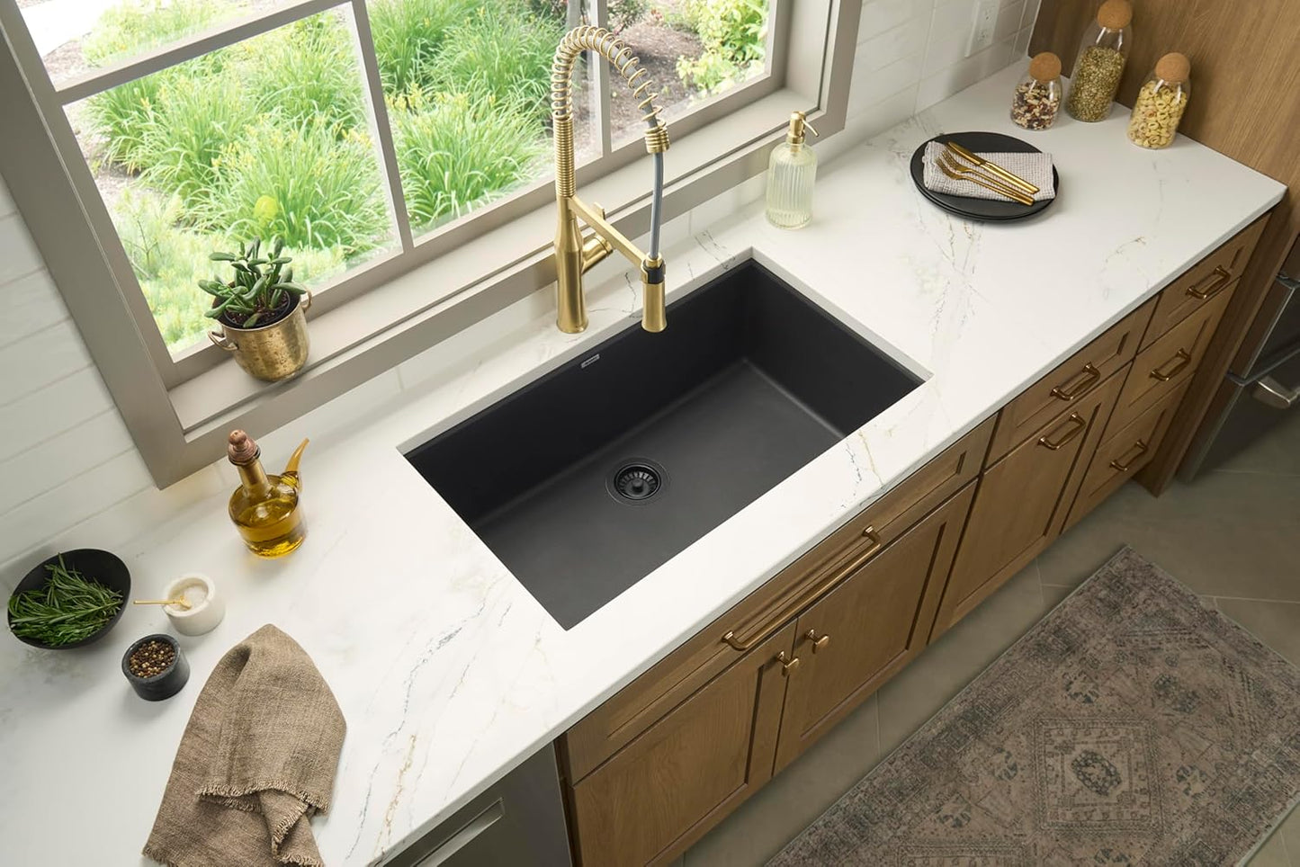 Granite Composite Quartz Undermount Single Bowl Kitchen Sink 27 x 18 inch, Midnight Black