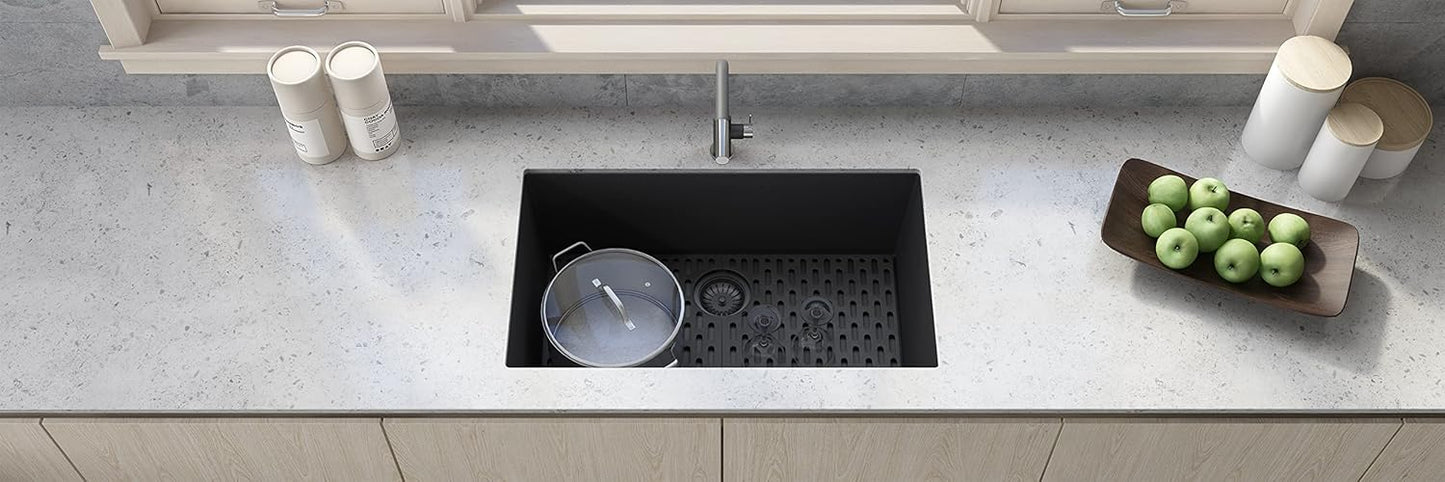 Granite Composite Quartz Undermount Single Bowl Kitchen Sink 27 x 18 inch, Midnight Black
