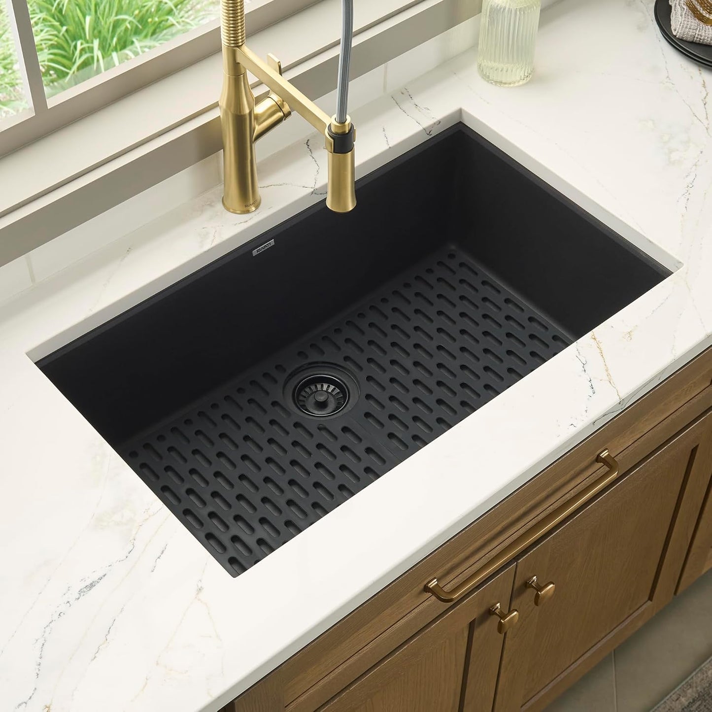 Granite Composite Quartz Undermount Single Bowl Kitchen Sink 27 x 18 inch, Midnight Black