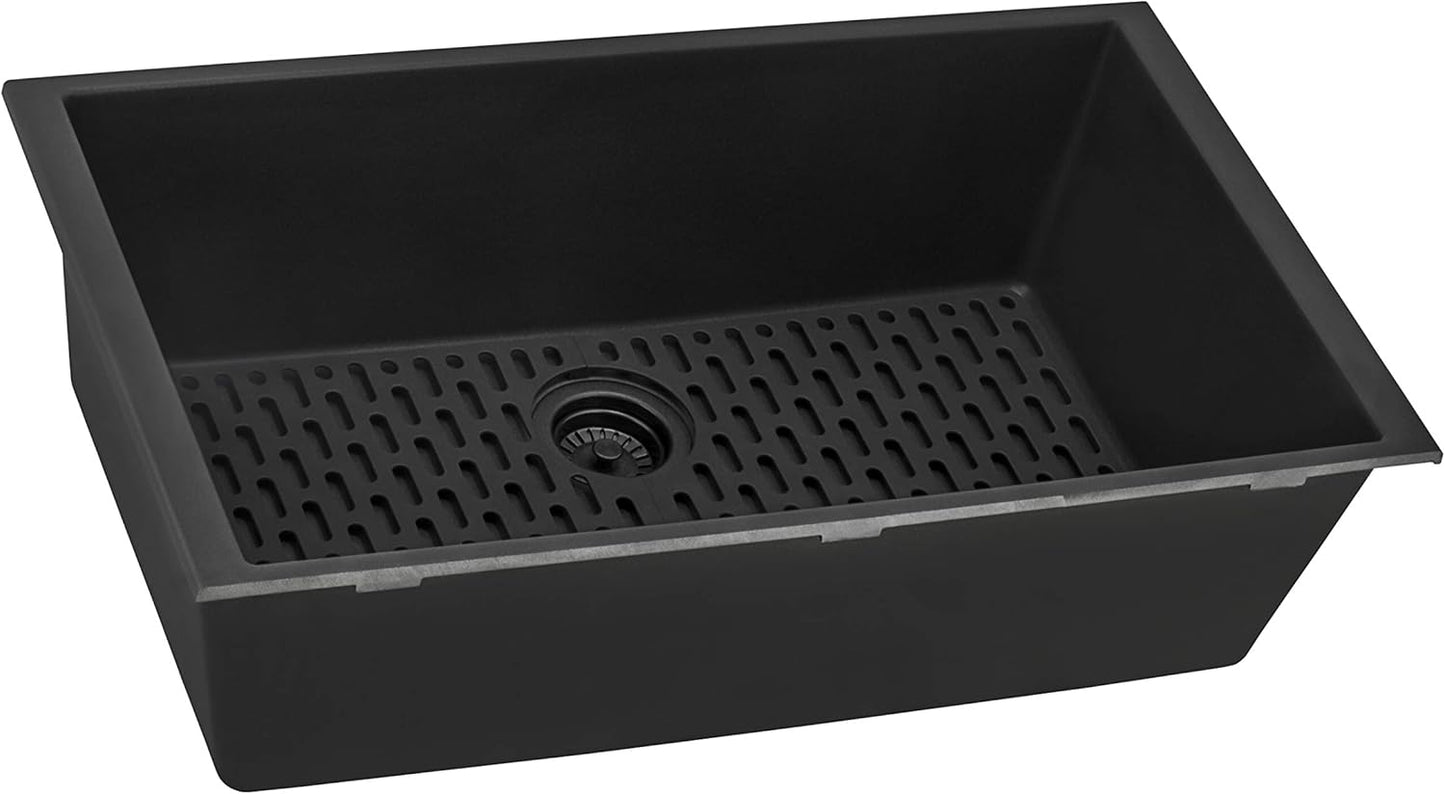 Granite Composite Quartz Undermount Single Bowl Kitchen Sink 27 x 18 inch, Midnight Black