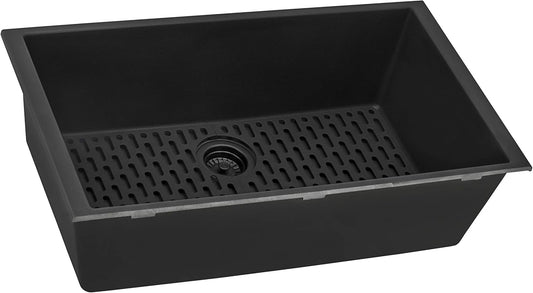 Granite Composite Quartz Undermount Single Bowl Kitchen Sink 27 x 18 inch, Midnight Black
