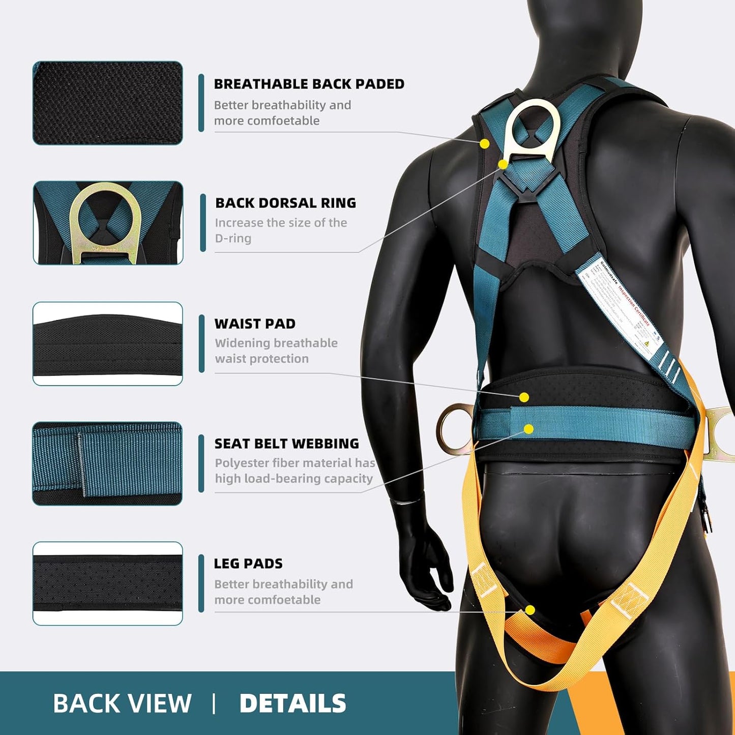 Fall Protection Harness,Safety Harness Fall Protection, Upgrade the detachable cushion bag and an extra 30FT rope