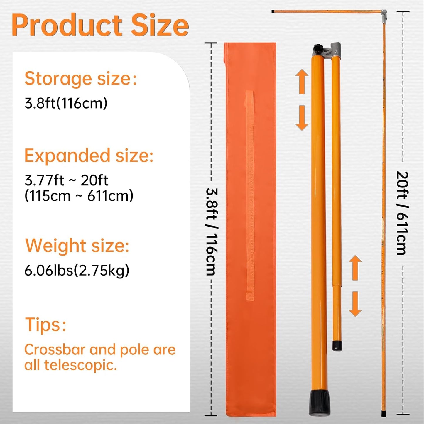 20ft Load Height Measuring Stick, Fiberglass Truck Height Stick with Carrying Bag