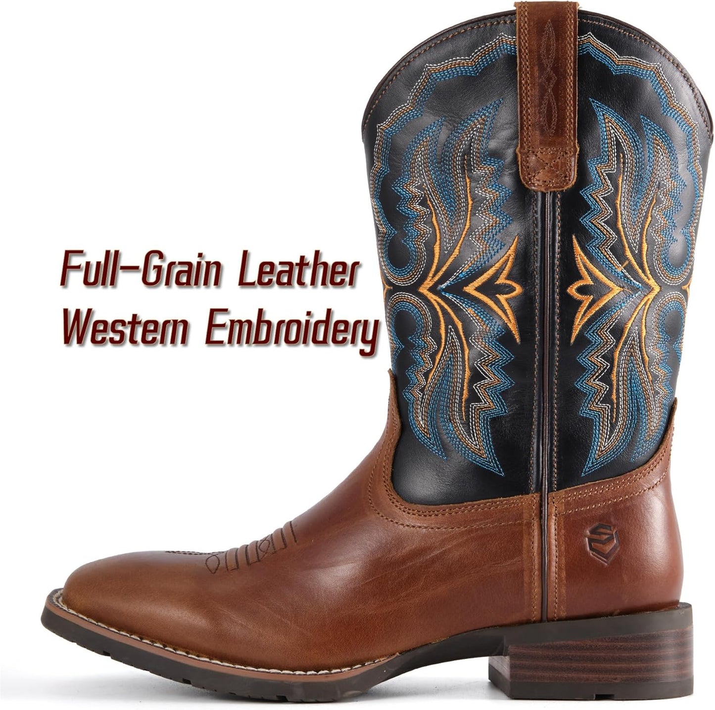 Men’s Square Toe Work Boot,Pull On Leather Wellington Boots, Durable Classic Slip Resistant Soft Toe Cowboy Boot