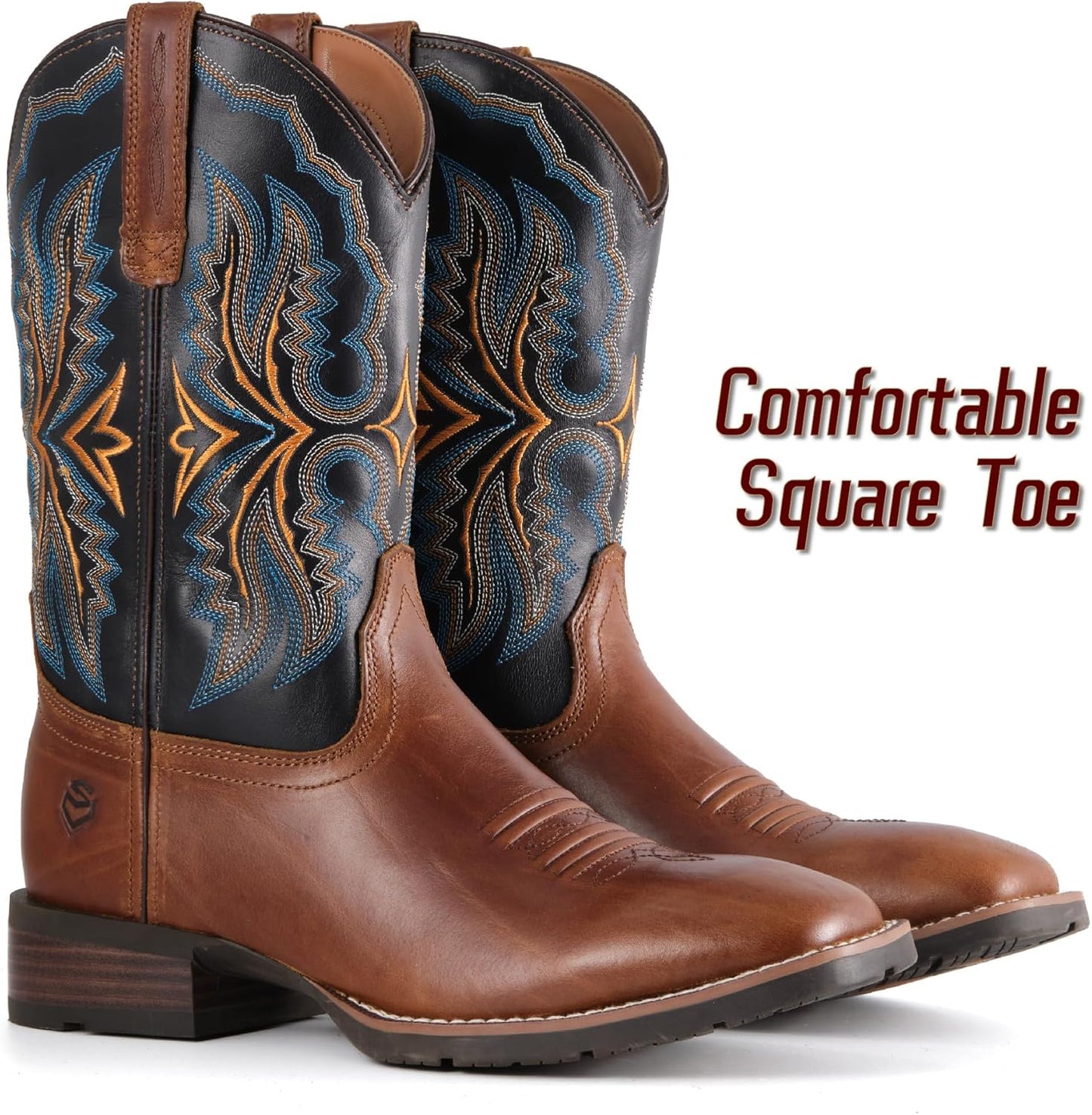 Men’s Square Toe Work Boot,Pull On Leather Wellington Boots, Durable Classic Slip Resistant Soft Toe Cowboy Boot