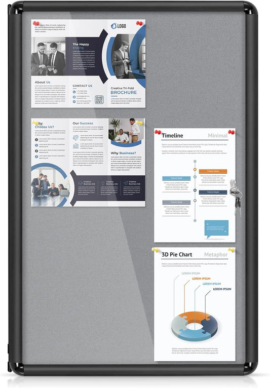 Enclosed Bulletin Board 36x24', Lockable Felt Board, Black Aluminum Frame, Grey Felt