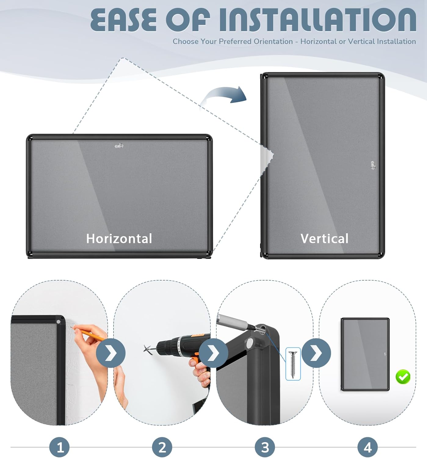 Enclosed Bulletin Board 36x24', Lockable Felt Board, Black Aluminum Frame, Grey Felt