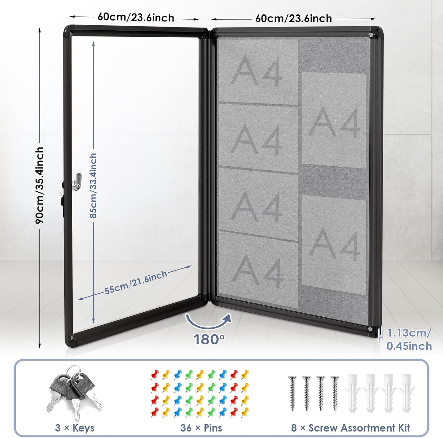 Enclosed Bulletin Board 36x24', Lockable Felt Board, Black Aluminum Frame, Grey Felt