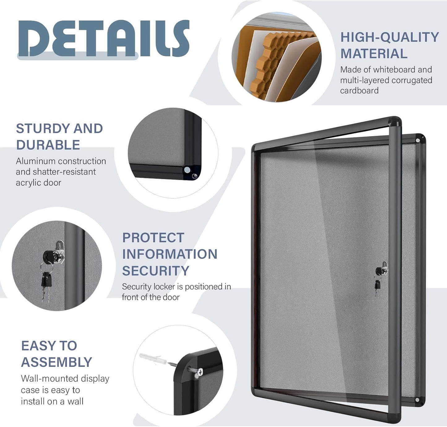 Enclosed Bulletin Board 36x24', Lockable Felt Board, Black Aluminum Frame, Grey Felt