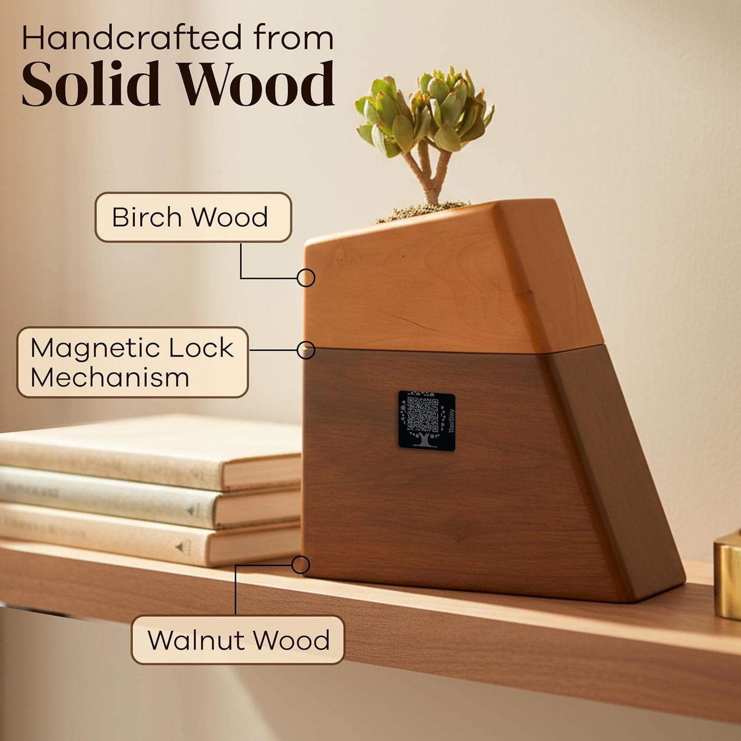 Handcrafted Wood Urn, Personalized Digital Memorial Keepsake Box, Scannable Tag for Story Sharing for Photos