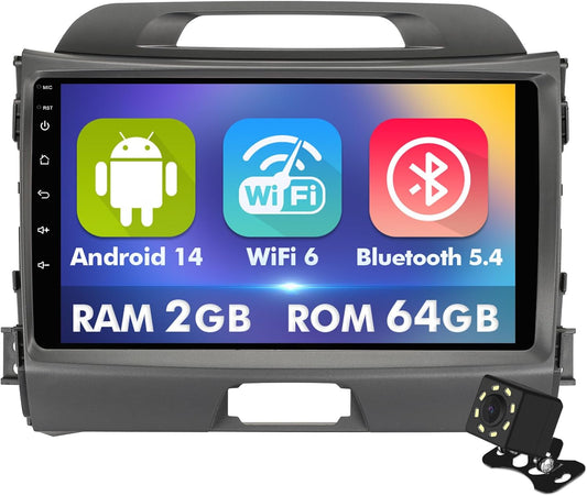 9 Inch IPS Touchscreen Android 14 Car Stereo for KIA Sportage 3 2010-2016, with Wireless CarPlay & Android