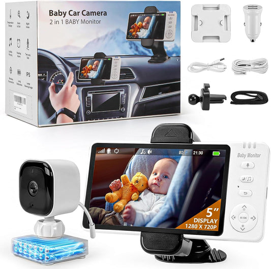 2000mAh Wireless Baby Car Camera 3500mAh Monitor Auto On/Off, No Wifi, Zoom/Night Vision/Temp/Feeding/2-Way Talk