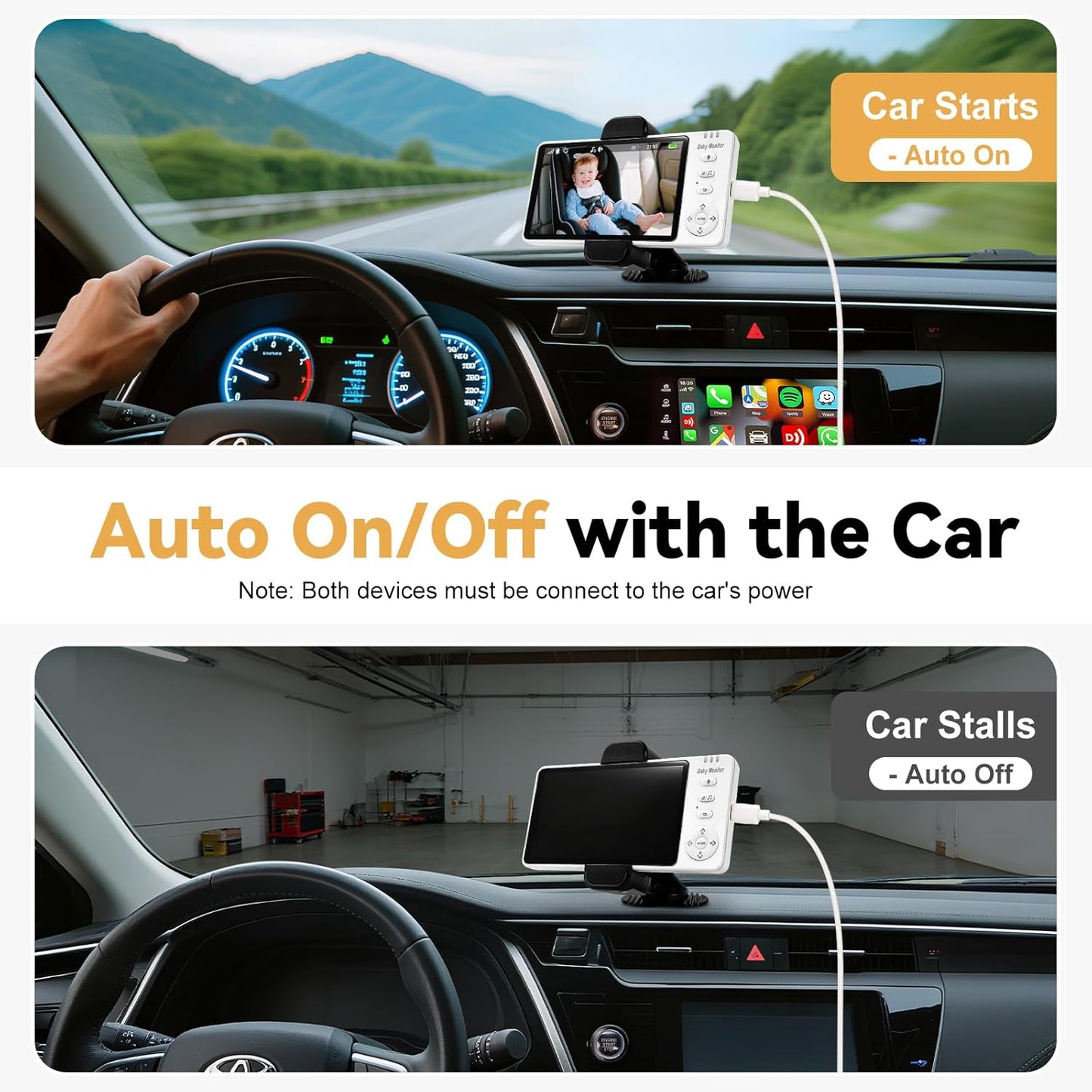 2000mAh Wireless Baby Car Camera 3500mAh Monitor Auto On/Off, No Wifi, Zoom/Night Vision/Temp/Feeding/2-Way Talk