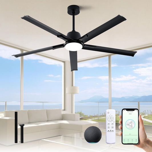 62 Inch Black Aluminum Ceiling Fan with Light,Smart ceiling fan with Alexa and APP, 6 Speed,3CCT,Quiet