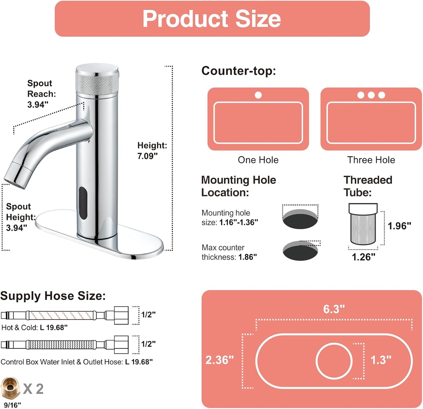 Touchless Bathroom Faucet with Automatic Sensor Function, Hole Cover Plate, Countertop Temp Adjustment, Chrome
