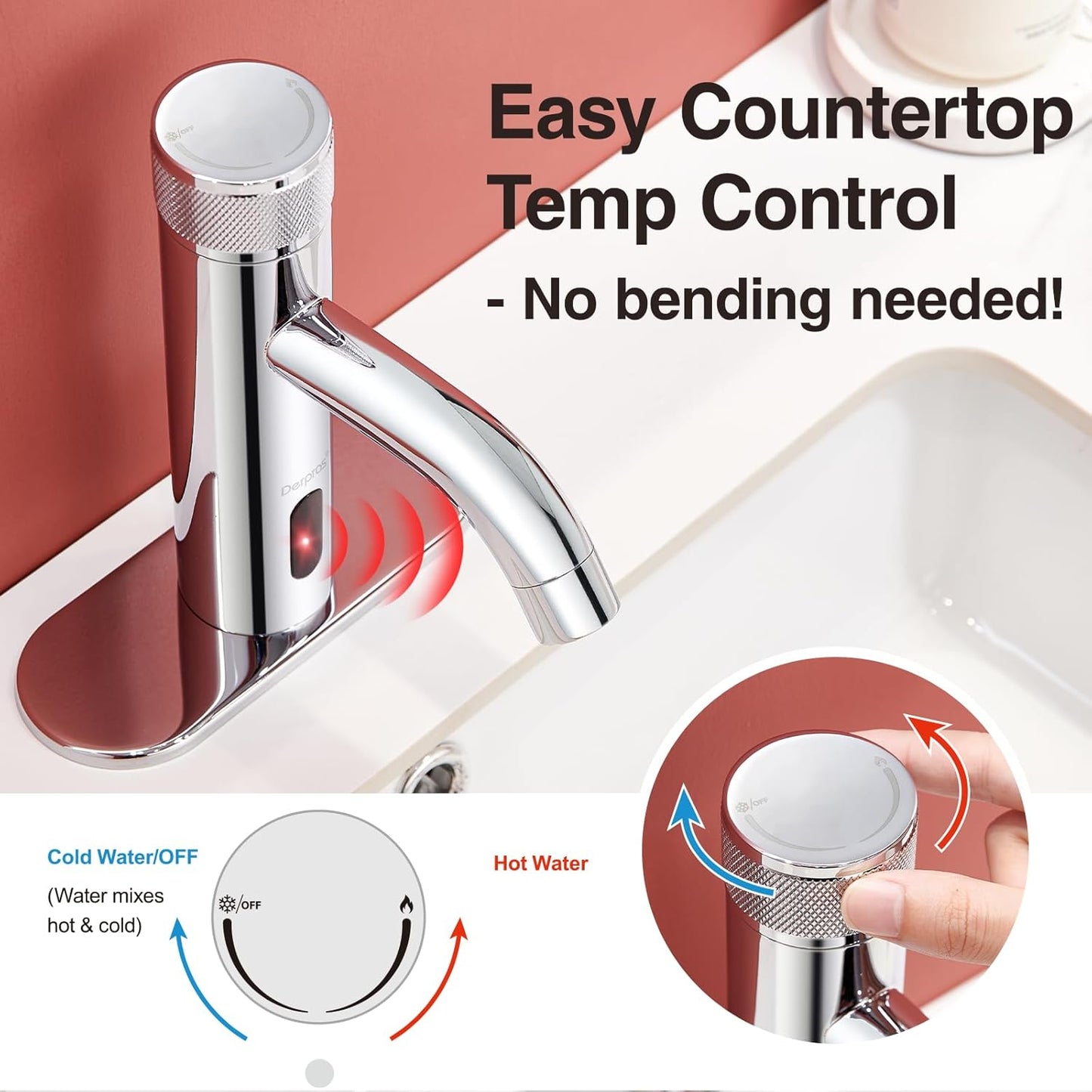Touchless Bathroom Faucet with Automatic Sensor Function, Hole Cover Plate, Countertop Temp Adjustment, Chrome