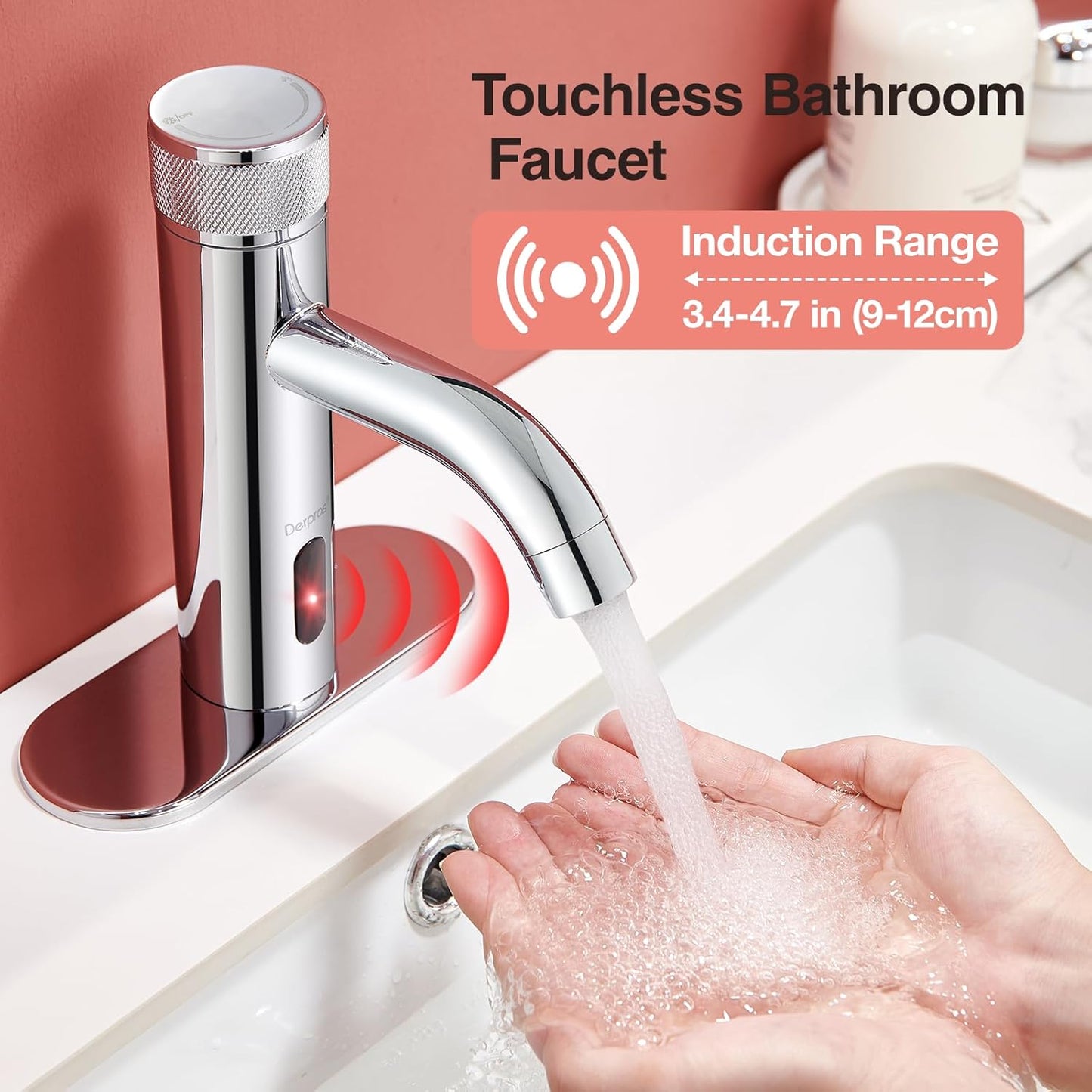 Touchless Bathroom Faucet with Automatic Sensor Function, Hole Cover Plate, Countertop Temp Adjustment, Chrome