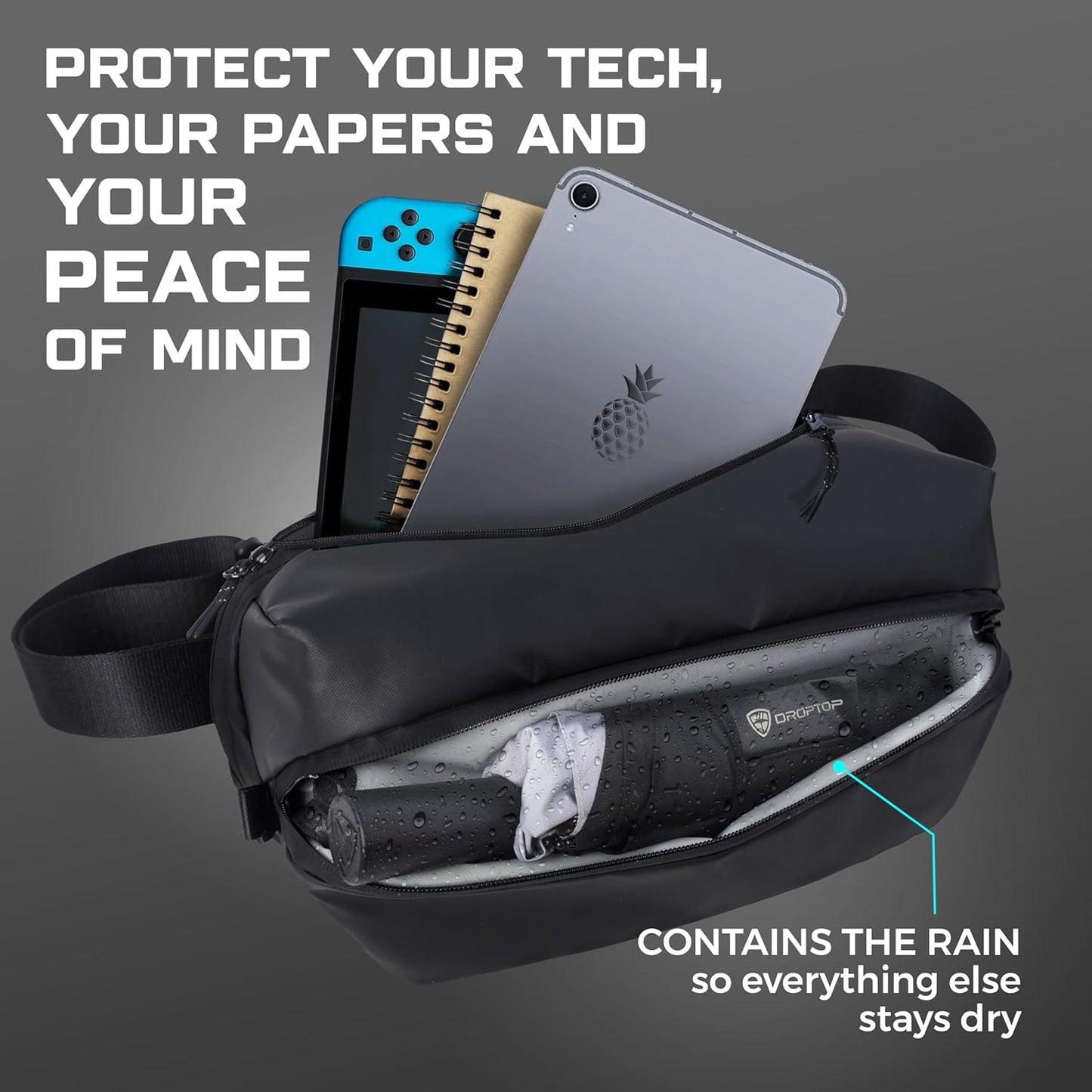 Large Performance Crossbody Sling Belt Bag Fanny Pack Tech Pouch, Includes Umbrella Inside, For Men & Women