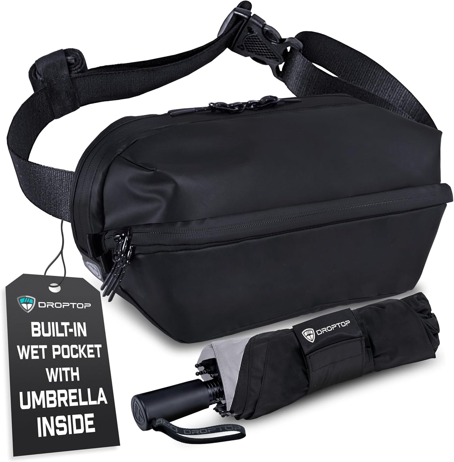 Large Performance Crossbody Sling Belt Bag Fanny Pack Tech Pouch, Includes Umbrella Inside, For Men & Women