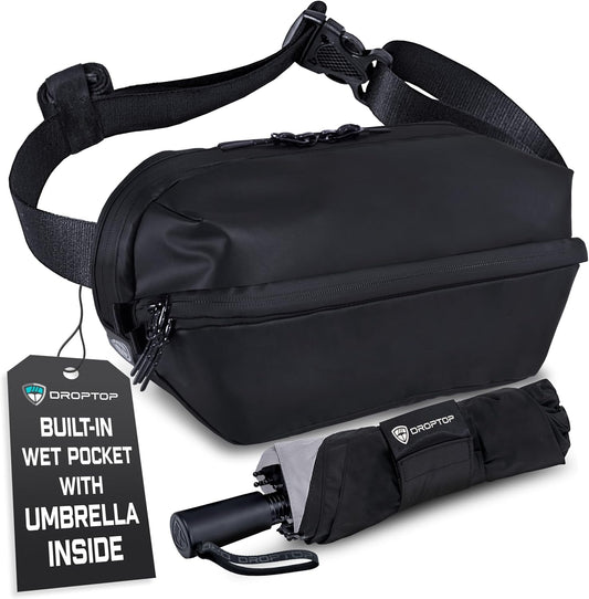 Large Performance Crossbody Sling Belt Bag Fanny Pack Tech Pouch, Includes Umbrella Inside, For Men & Women