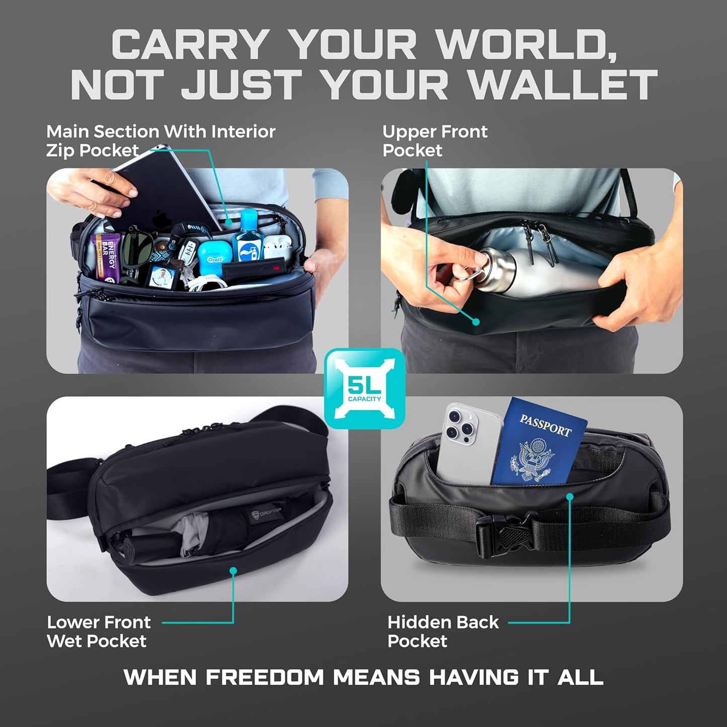 Large Performance Crossbody Sling Belt Bag Fanny Pack Tech Pouch, Includes Umbrella Inside, For Men & Women