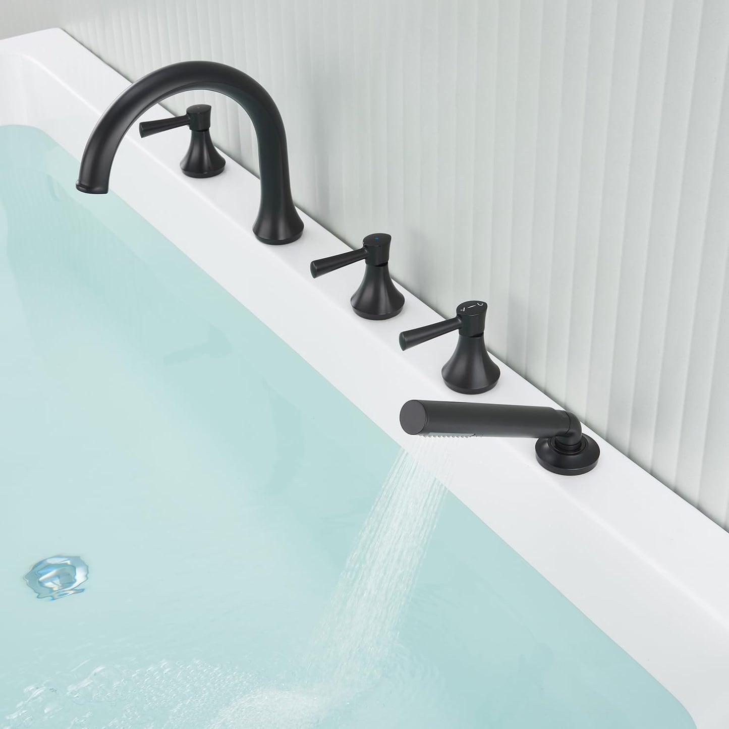 Roman Tub Faucet Brushed Gold 5 Holes Deck Mount Brass Bathtub Filler with Hand Shower for Bathroom