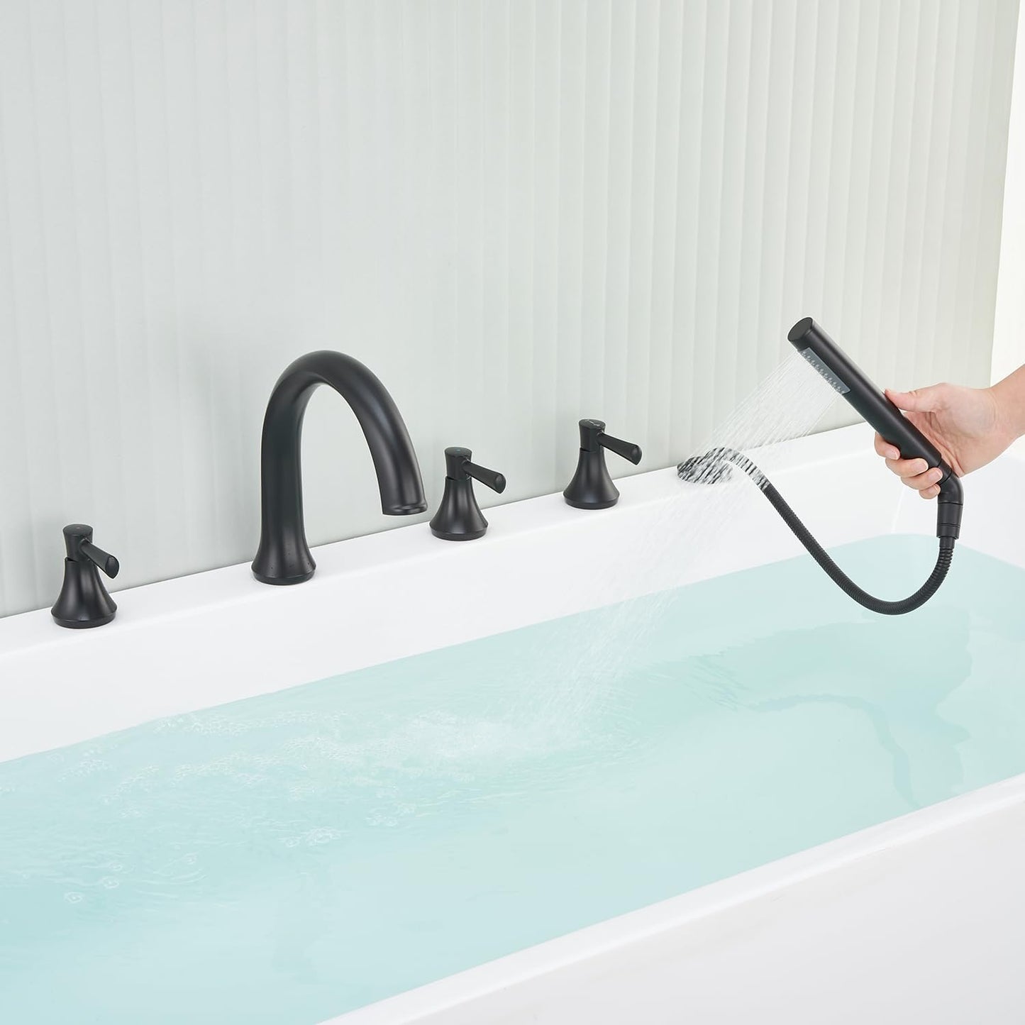 Roman Tub Faucet Brushed Gold 5 Holes Deck Mount Brass Bathtub Filler with Hand Shower for Bathroom