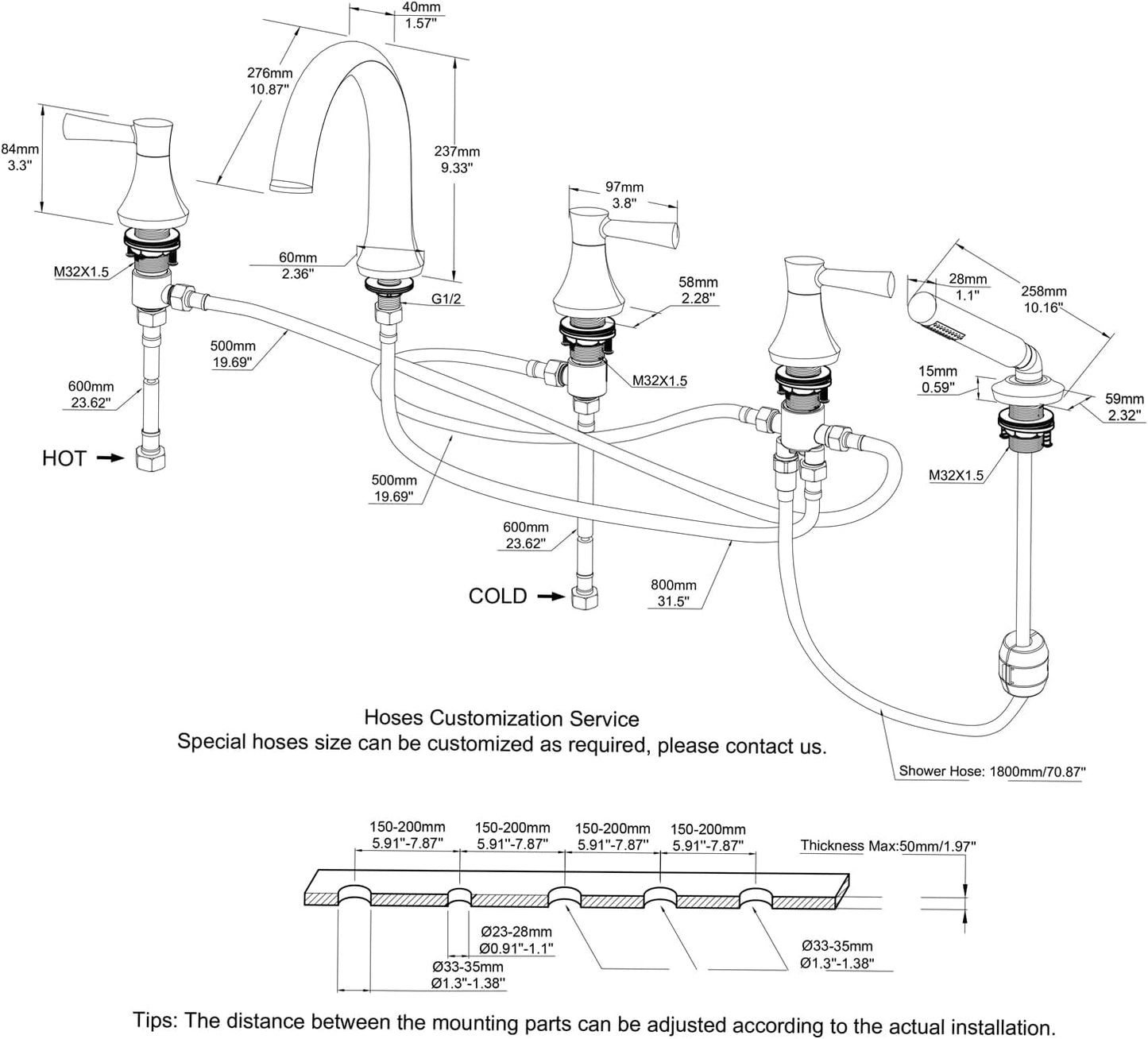Roman Tub Faucet Brushed Gold 5 Holes Deck Mount Brass Bathtub Filler with Hand Shower for Bathroom