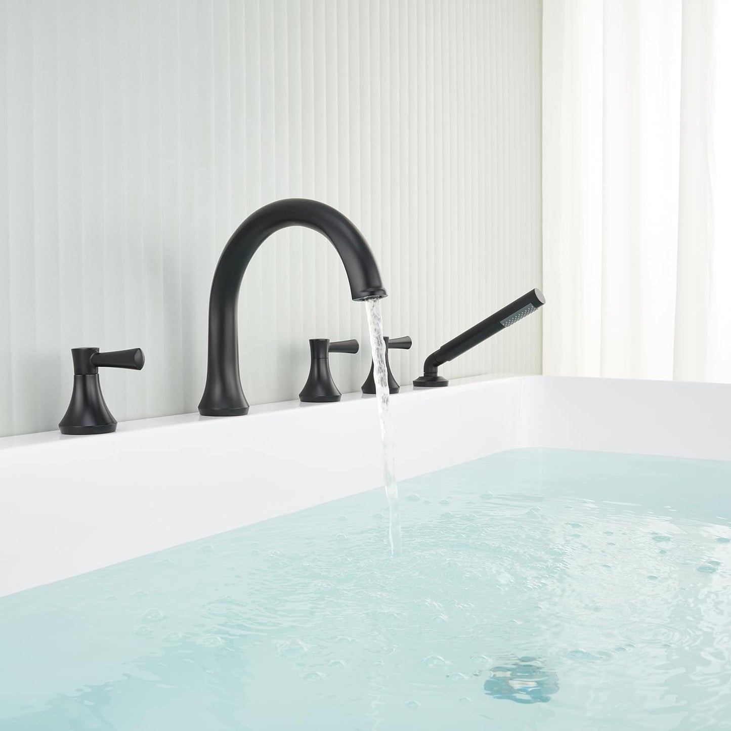 Roman Tub Faucet Brushed Gold 5 Holes Deck Mount Brass Bathtub Filler with Hand Shower for Bathroom