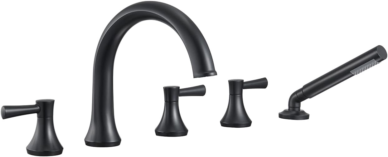 Roman Tub Faucet Brushed Gold 5 Holes Deck Mount Brass Bathtub Filler with Hand Shower for Bathroom