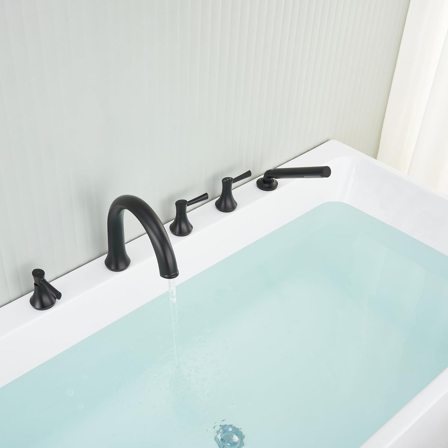 Roman Tub Faucet Brushed Gold 5 Holes Deck Mount Brass Bathtub Filler with Hand Shower for Bathroom