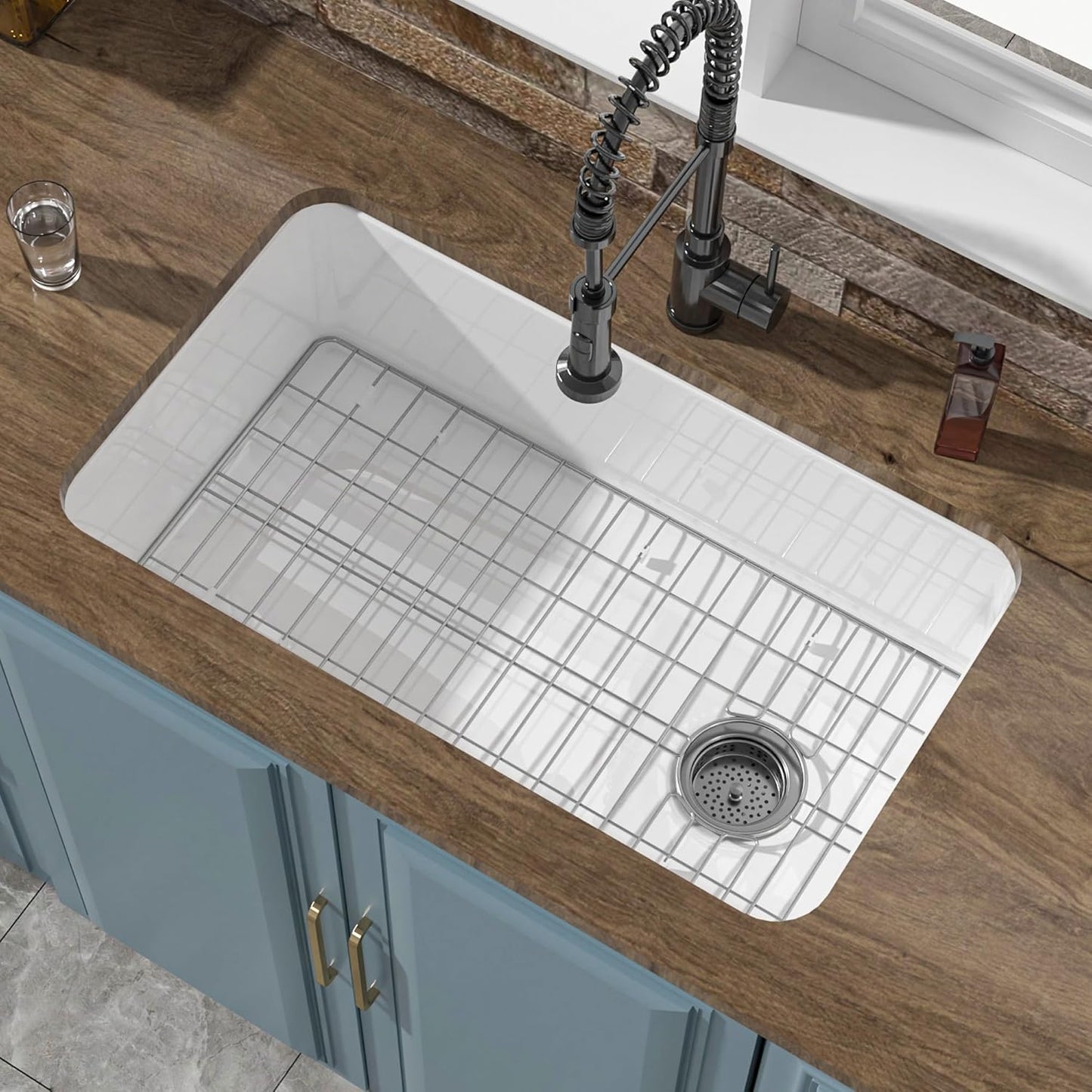 Undermount Kitchen Sink White 32 x 19 Inch, Offset Drain 10' High Top Mount Fireclay Sink