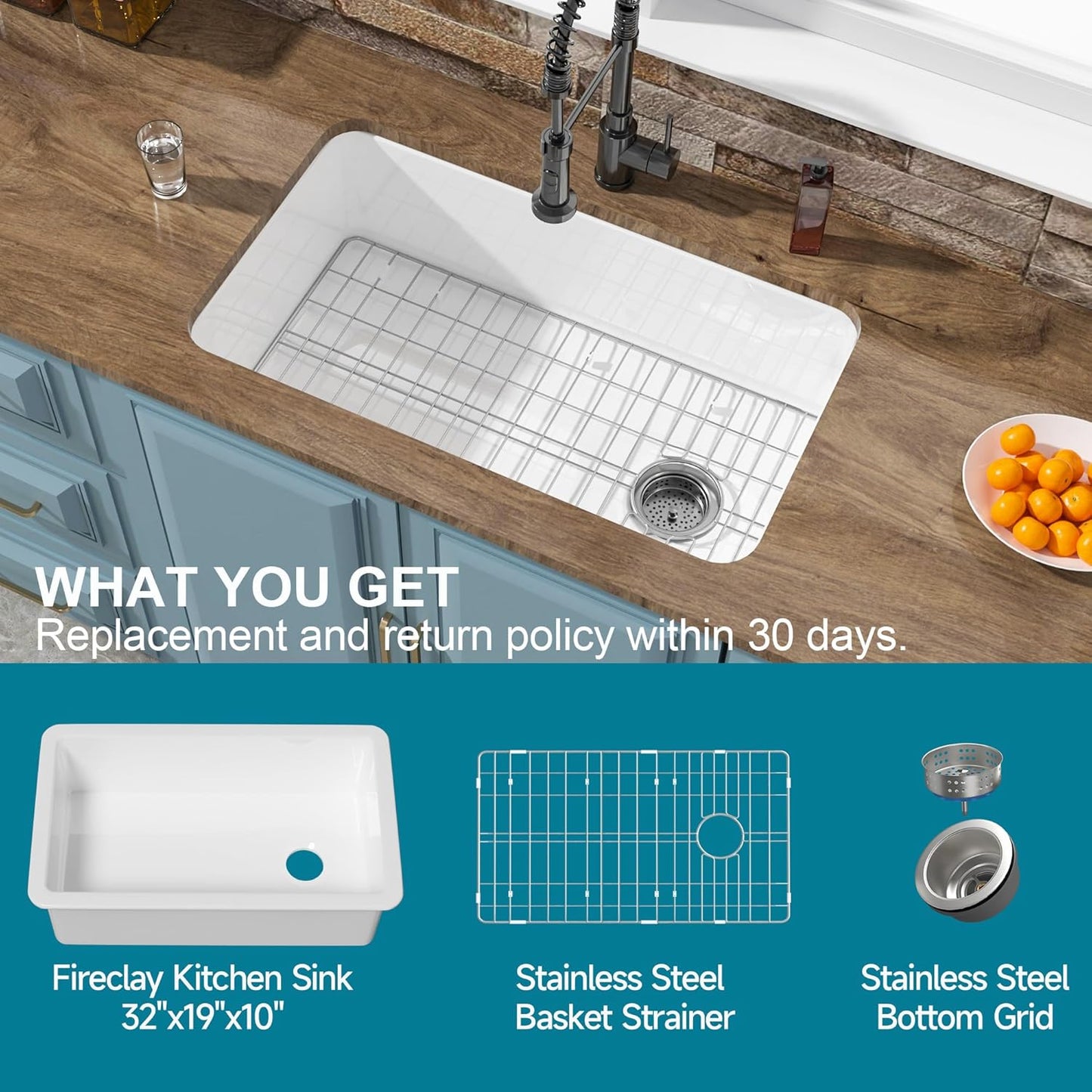 Undermount Kitchen Sink White 32 x 19 Inch, Offset Drain 10' High Top Mount Fireclay Sink