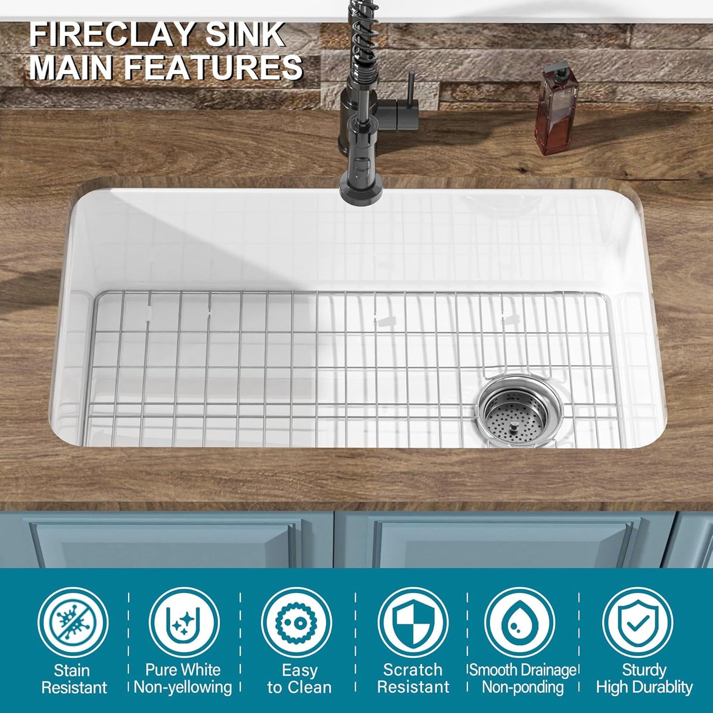 Undermount Kitchen Sink White 32 x 19 Inch, Offset Drain 10' High Top Mount Fireclay Sink