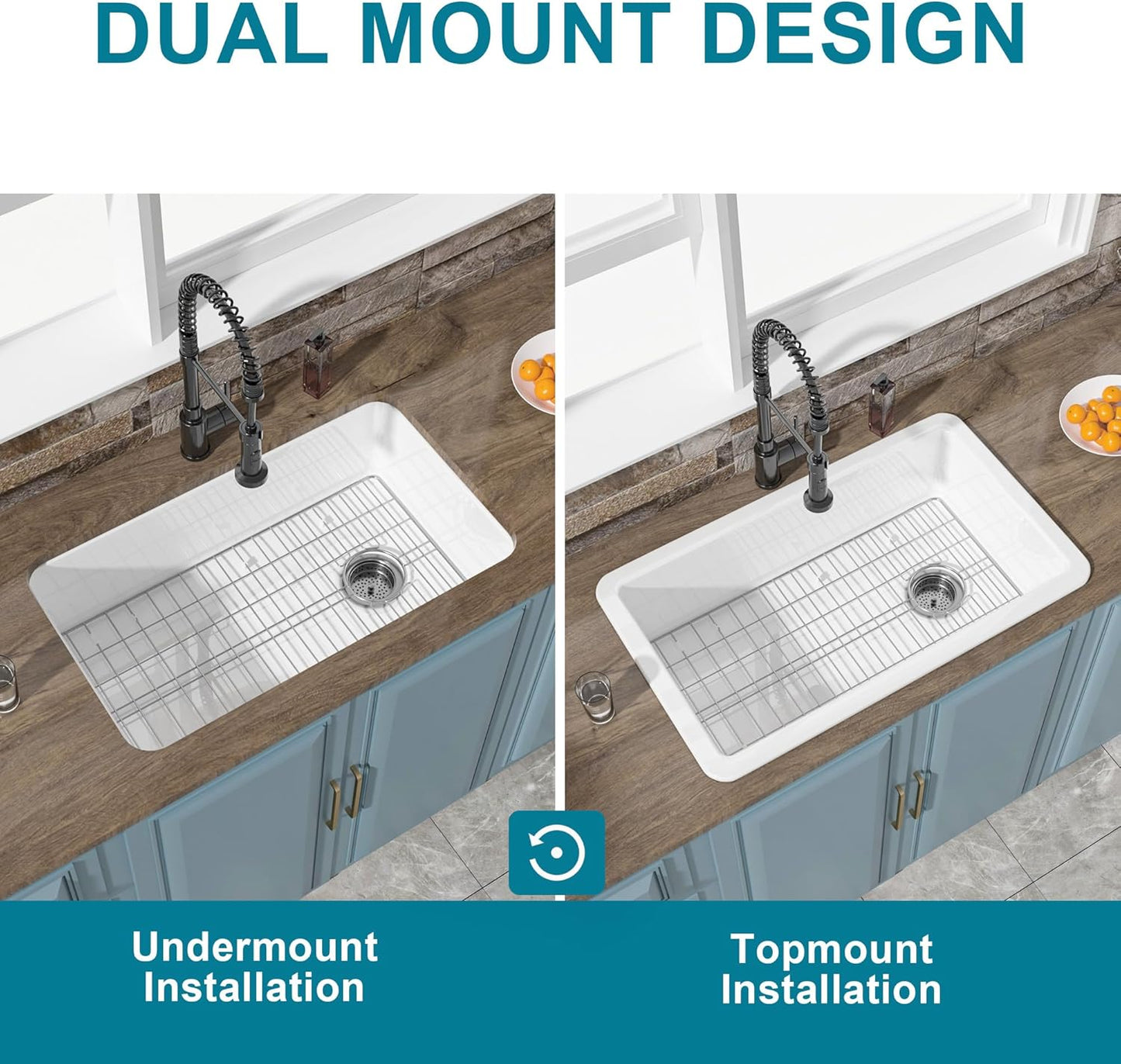 Undermount Kitchen Sink White 32 x 19 Inch, Offset Drain 10' High Top Mount Fireclay Sink