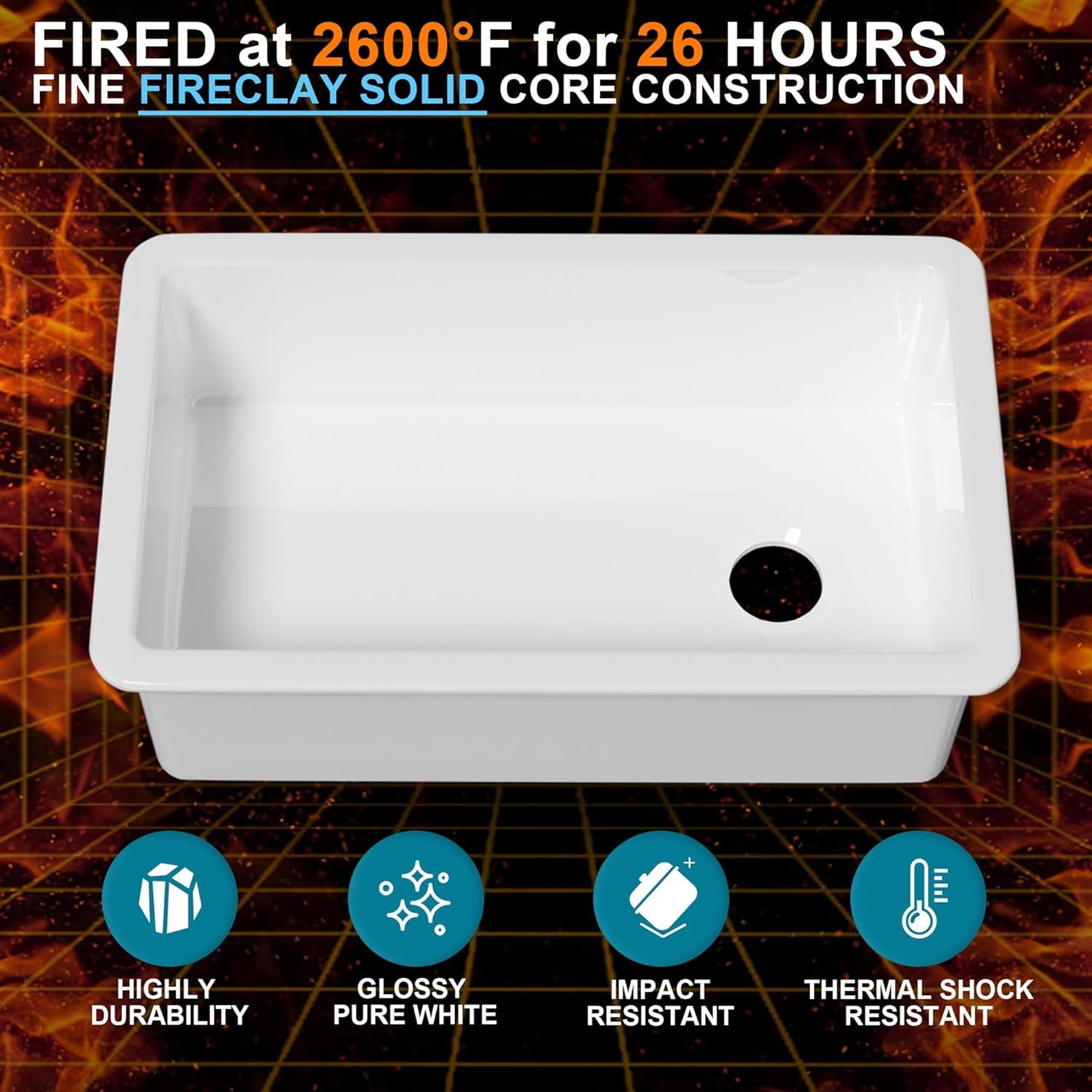 Undermount Kitchen Sink White 32 x 19 Inch, Offset Drain 10' High Top Mount Fireclay Sink