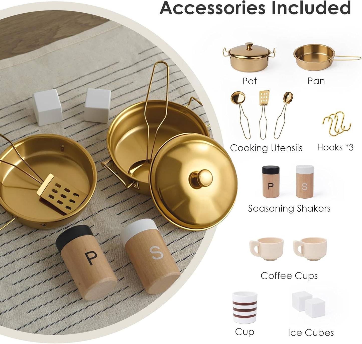 Realistic Pretend Play Kitchen with Stove, Sink, Coffee Maker, Ice Make w/ 15 Fun Accessories (Wooden)