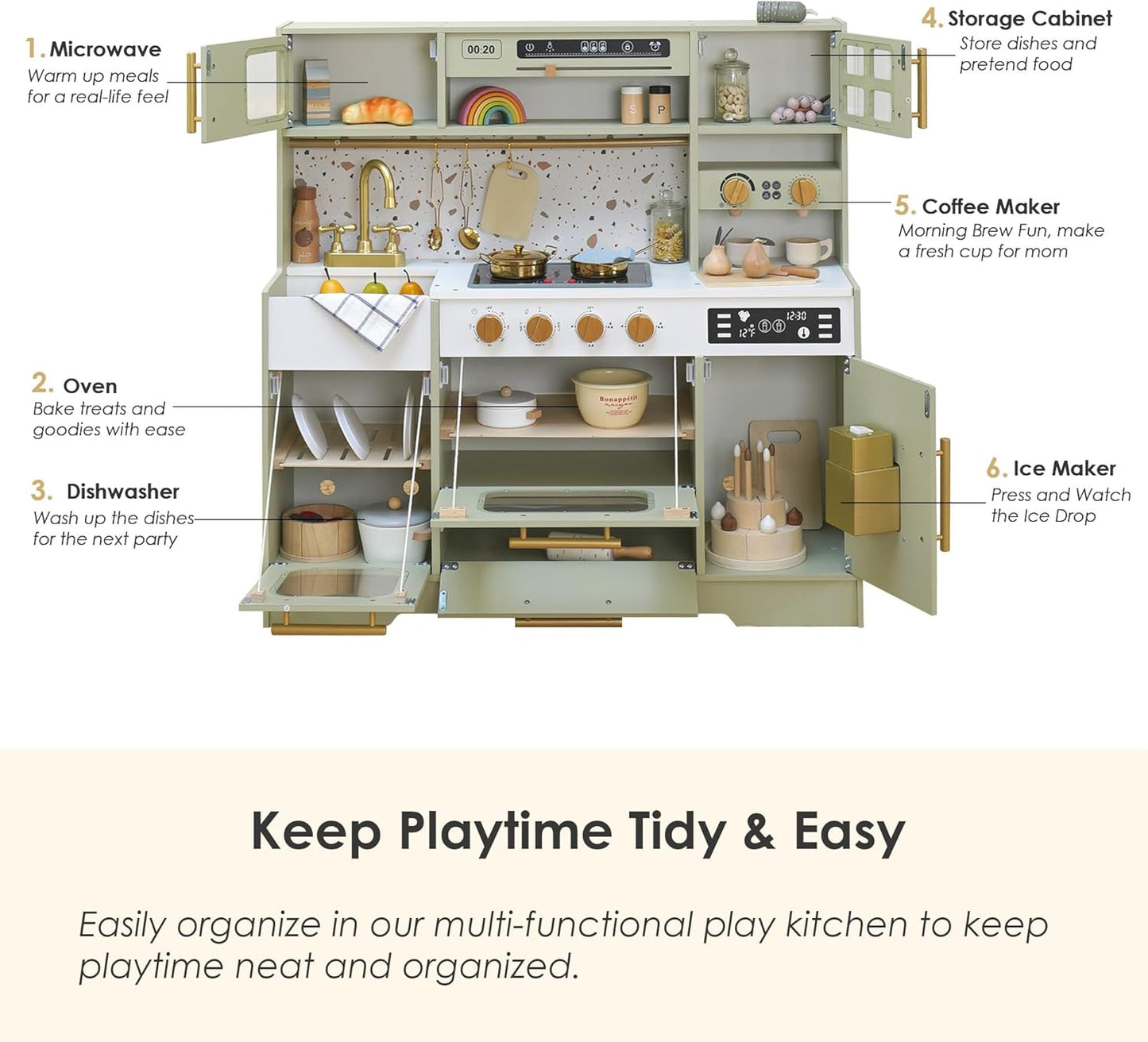 Realistic Pretend Play Kitchen with Stove, Sink, Coffee Maker, Ice Make w/ 15 Fun Accessories (Wooden)