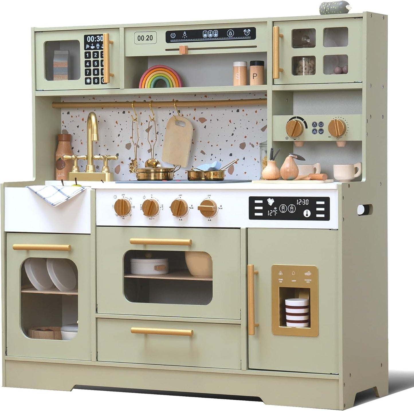 Realistic Pretend Play Kitchen with Stove, Sink, Coffee Maker, Ice Make w/ 15 Fun Accessories (Wooden)