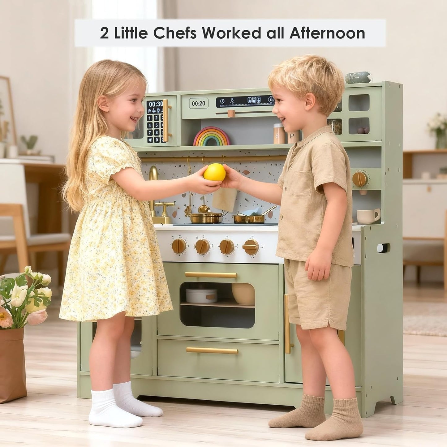Realistic Pretend Play Kitchen with Stove, Sink, Coffee Maker, Ice Make w/ 15 Fun Accessories (Wooden)